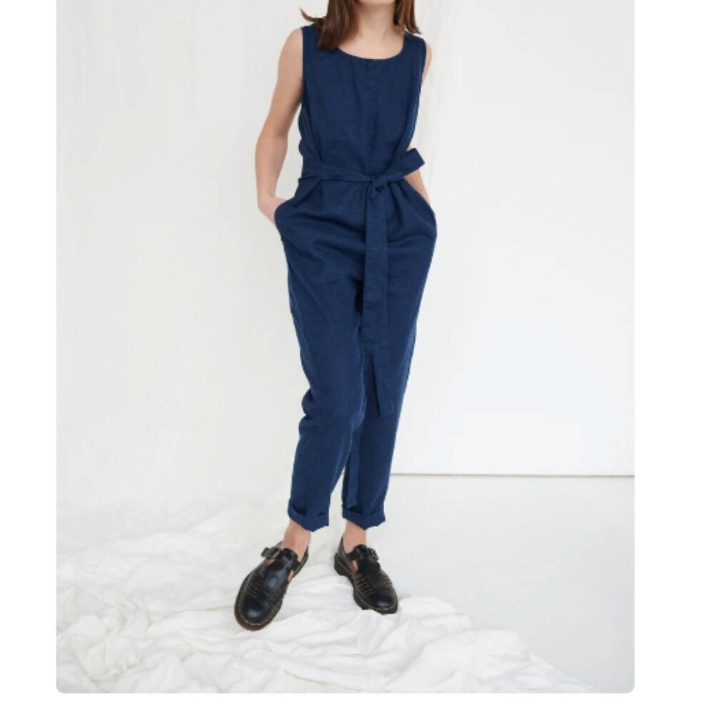 Linenfox Deep Navy Sleeveless Linen Jumpsuit with Waist Tie